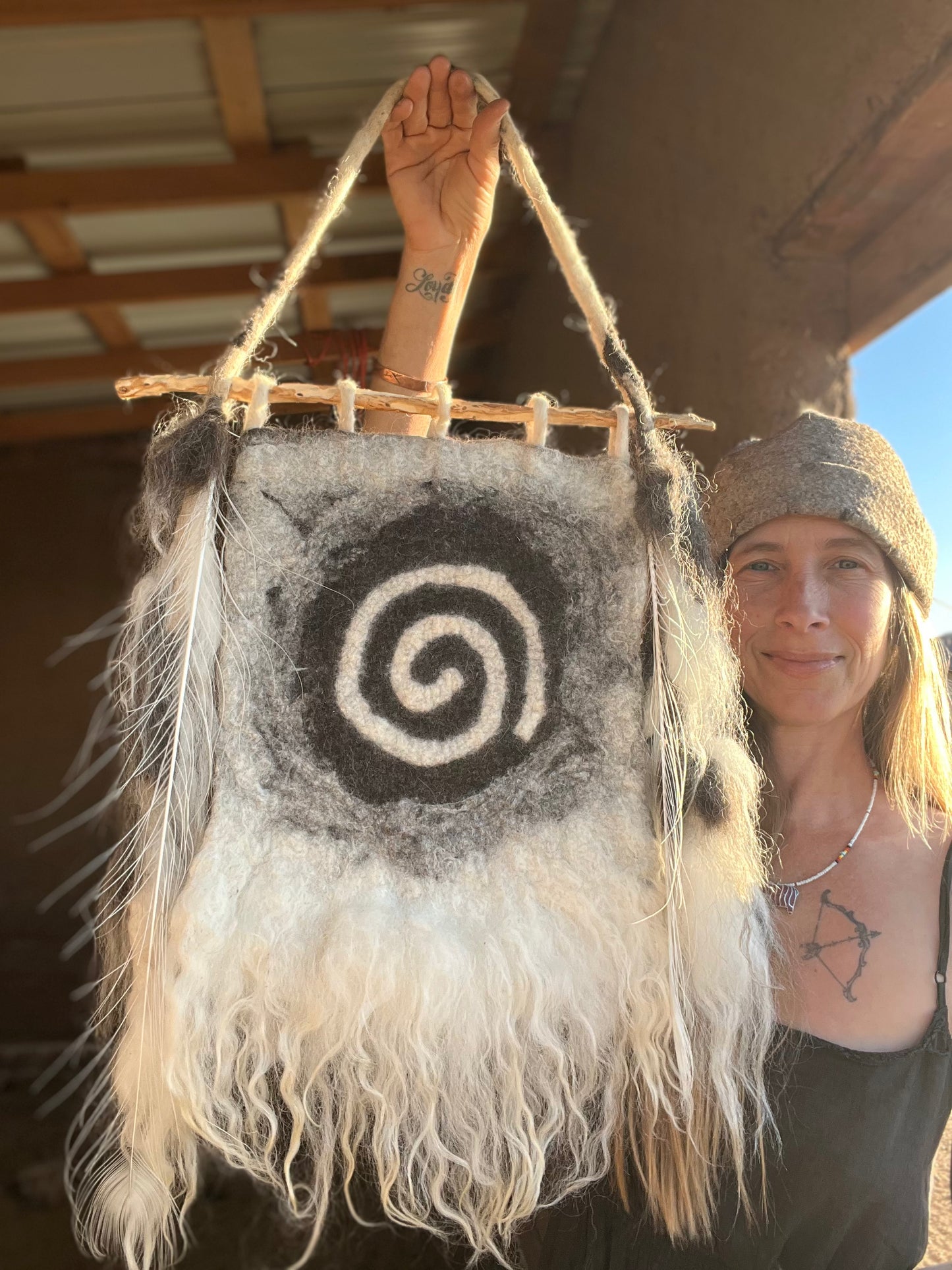 Sacred Spiral Felt Wall Hanging – Alpaca, Merino & Navajo Churro Fiber Art