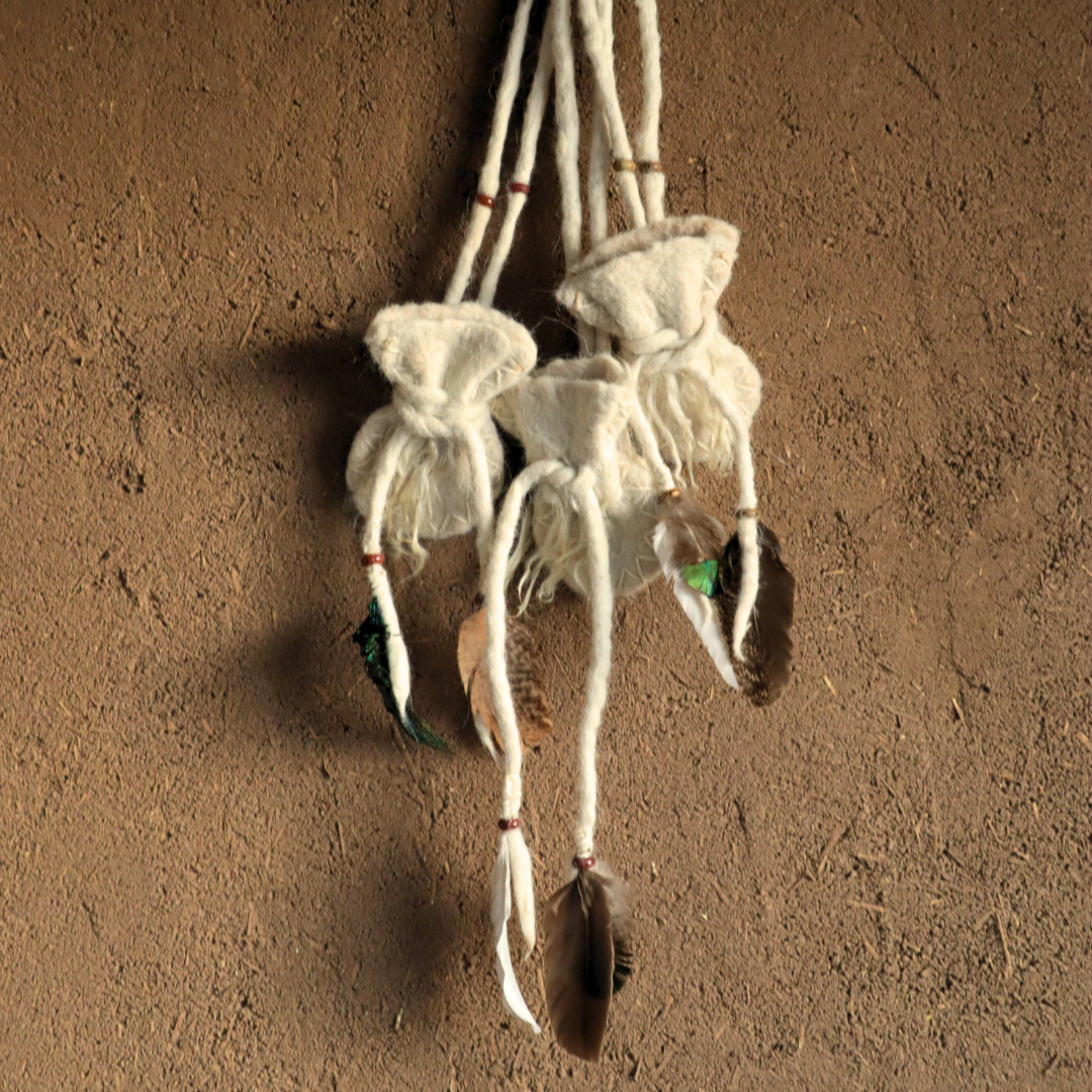 Alpaca Medicine Pouch Necklace w/ Locks & Peacock Feathers